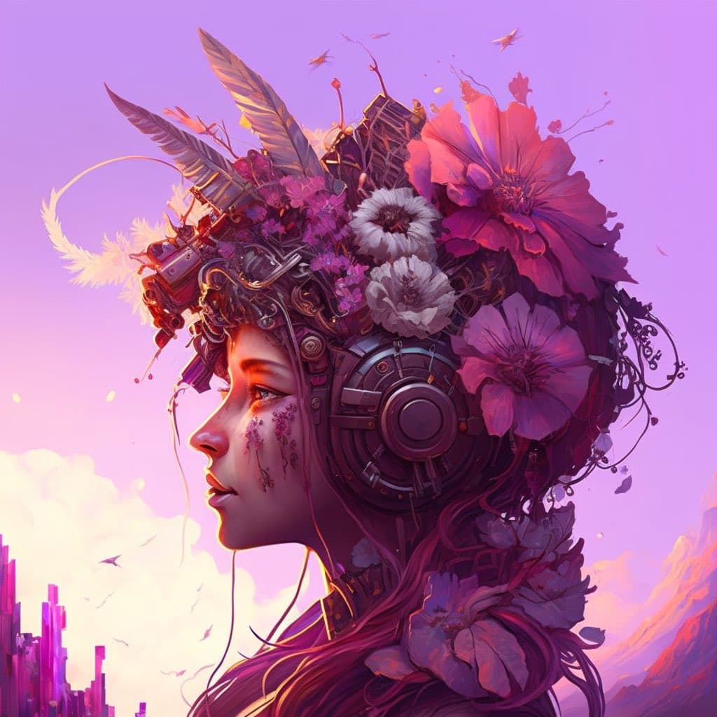 A digital fantasy illustration showing a woman in profile against a purple sky, wearing a large, elaborate headdress made of flowers, feathers, and mechanical components. The artwork features a vibrant, surreal style with a cityscape visible in the lower left corner.