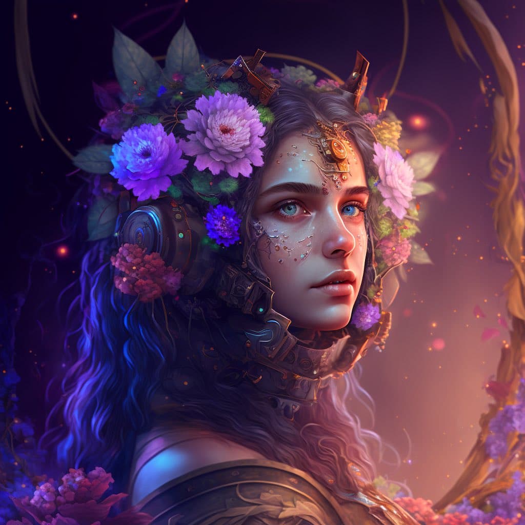 A digital fantasy portrait of a person with long, wavy hair adorned with a crown of purple and pink flowers and intricate, mechanical headpieces. The subject has glowing blue eyes and metallic, circuit-like details on their face and neck, set against a dark, atmospheric background with floating particles.
