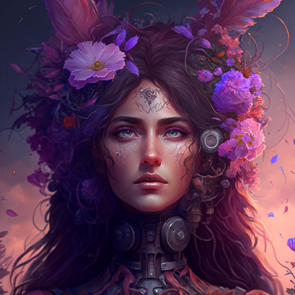 A digital fantasy portrait of a woman with long, dark hair adorned with purple and pink flowers and feathers, featuring a mechanical, steampunk-style collar and intricate facial markings. The image has a soft, painterly style with a warm, glowing background.