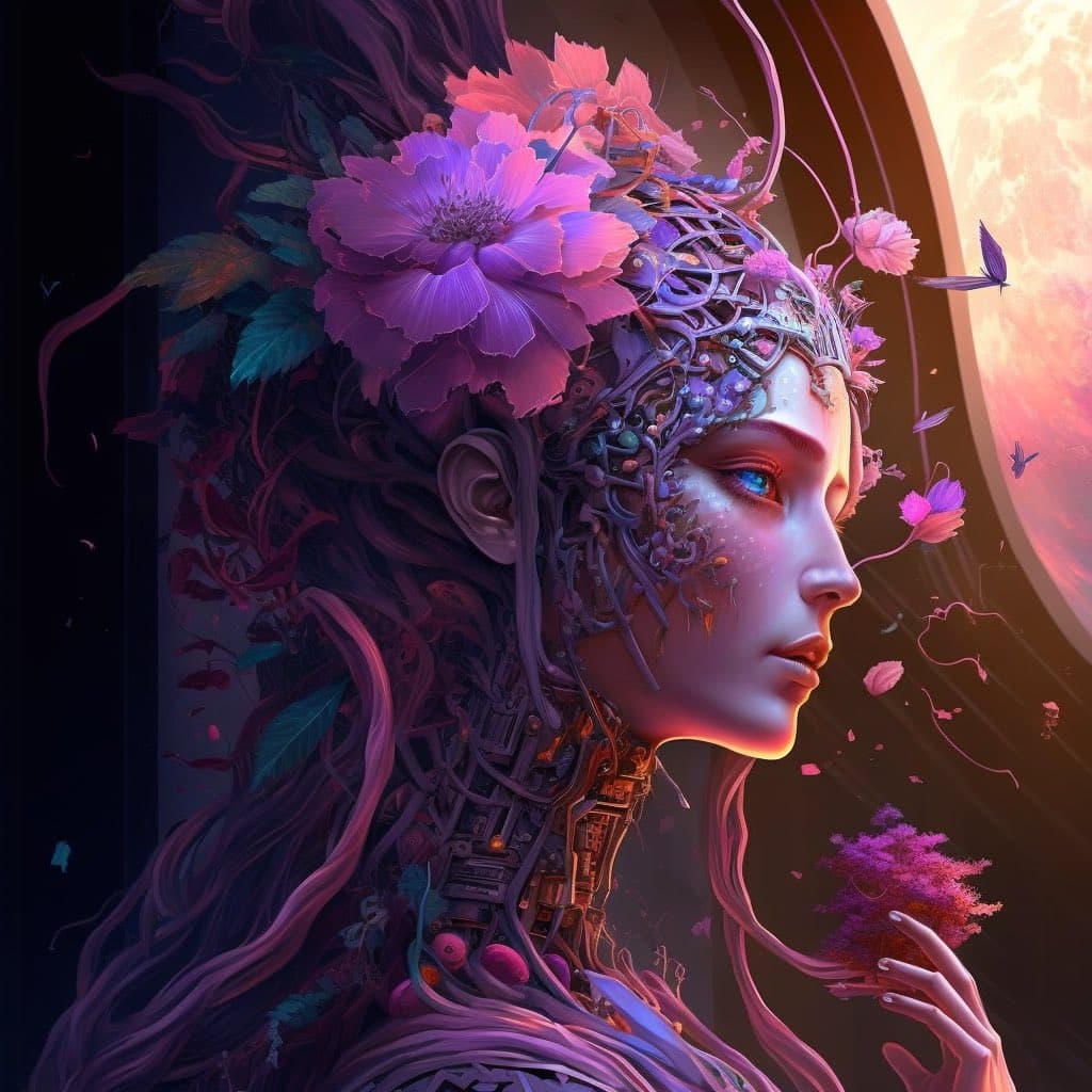 A digital artwork depicting a profile view of a humanoid figure with a mechanical, circuit-like head and neck, adorned with large purple flowers and vines. The figure has a serene expression and is set against a dark background with a glowing, warm light source on the right.