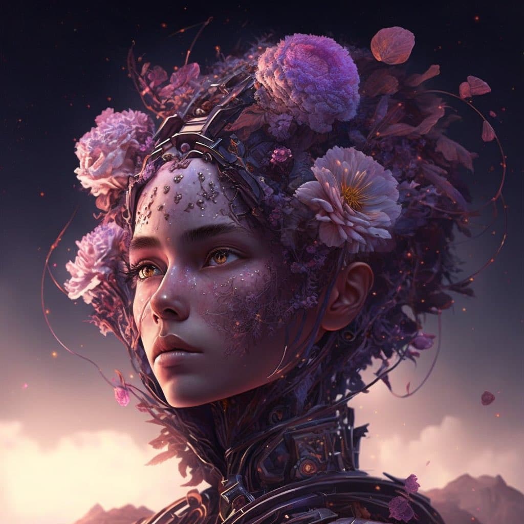 A digital artwork depicting a person with a serene expression, adorned with a large, elaborate headdress made of purple and pink flowers and mechanical elements. The figure's skin features delicate, vine-like patterns, and the background shows a soft, hazy landscape with mountains under a twilight sky.