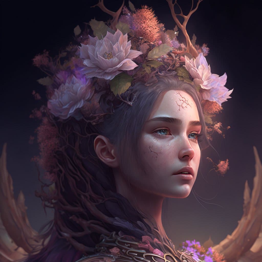 A digital fantasy portrait of a woman with light skin and blue eyes, featuring a crown of large pink and white flowers, leaves, and antlers. Her hair is styled in dark, vine-like braids, and she has delicate, branch-like markings on her face.