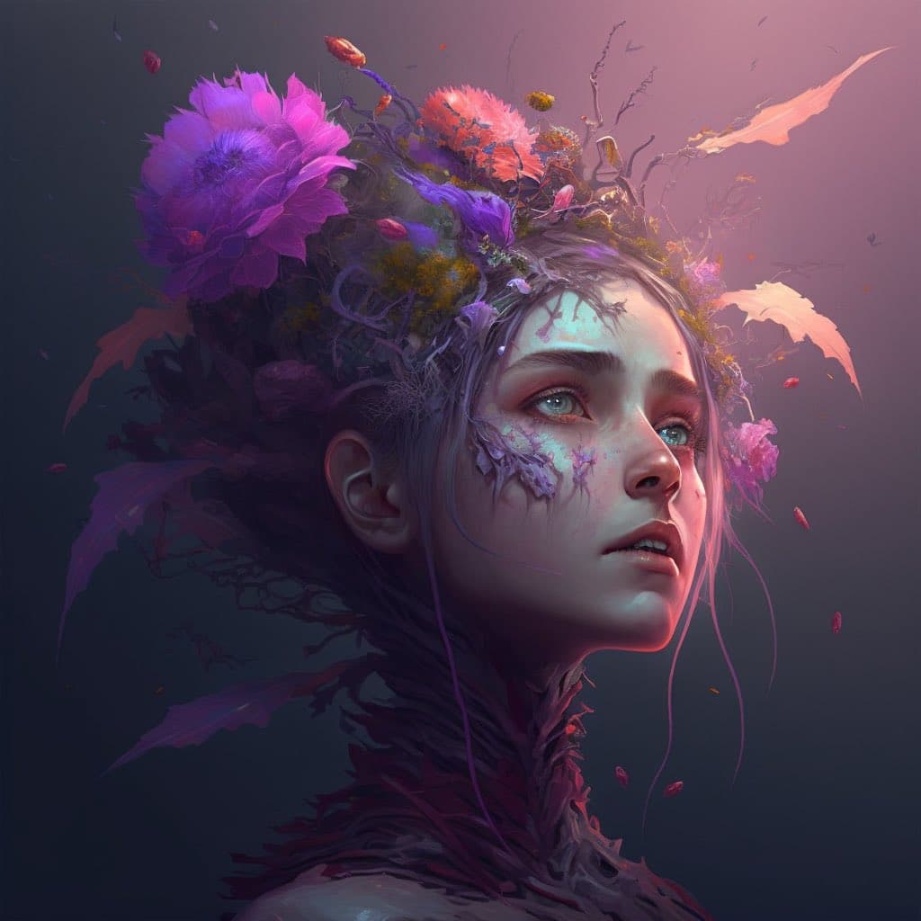 A digital fantasy portrait of a young woman with light skin and blue eyes, adorned with a crown of vibrant purple and orange flowers and delicate vines. Her hair and neck are intertwined with organic, plant-like textures, set against a dark, atmospheric background with floating petals.