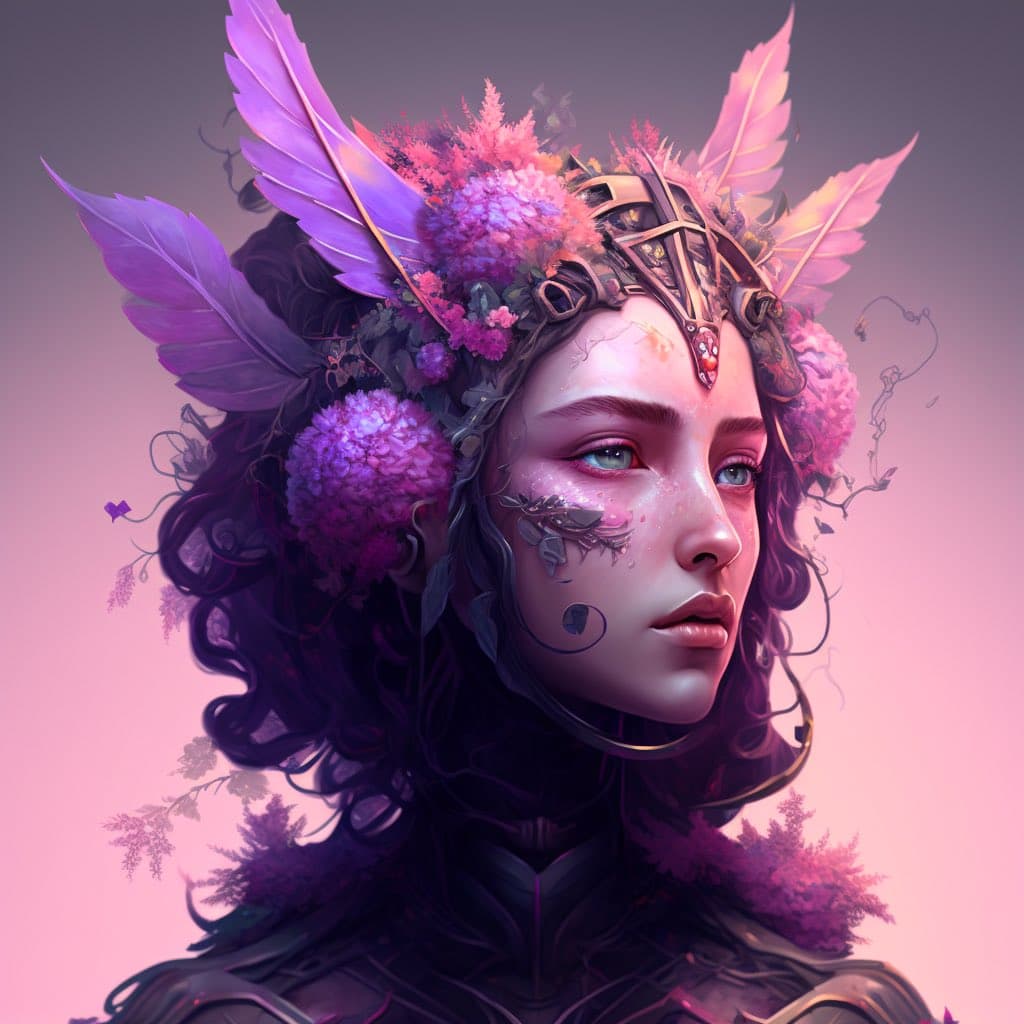 A digital fantasy portrait of a woman with dark, curly hair adorned with large purple and pink feathers, flowers, and an ornate golden headpiece. She has delicate floral and vine-like markings on her face and wears dark, textured clothing against a soft pink and purple gradient background.