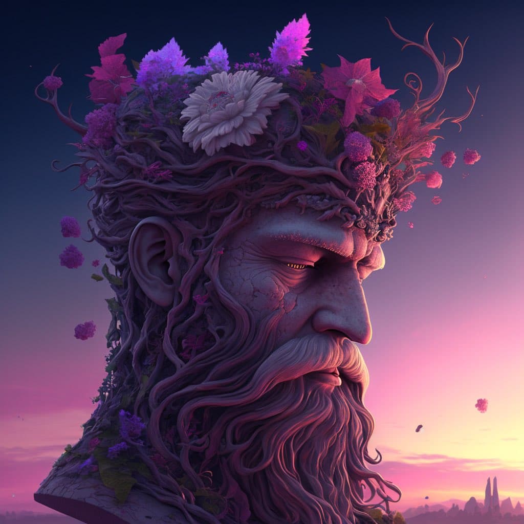A digital artwork depicting a stone bust of a bearded man with closed eyes, whose hair and beard are intertwined with vines and blooming purple and pink flowers. The sculpture is set against a vibrant sunset sky with hues of pink, purple, and orange.