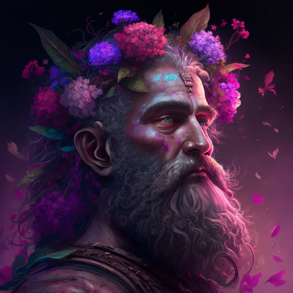 A digital illustration of a bearded man with long hair, wearing a crown of vibrant pink and purple flowers. He has glowing blue markings on his forehead and is depicted in a three-quarter profile against a dark background with floating petals.