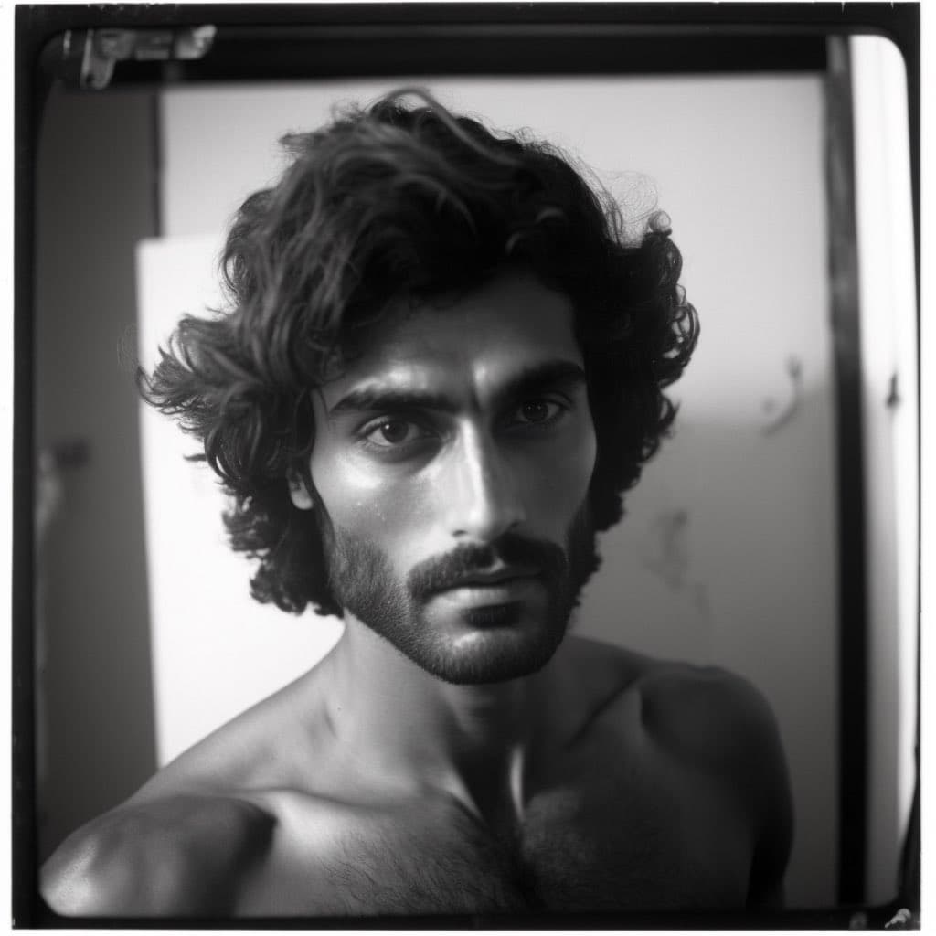 A black and white portrait of a shirtless man with dark, curly hair and a beard, framed within a square border that resembles a medium format film negative.