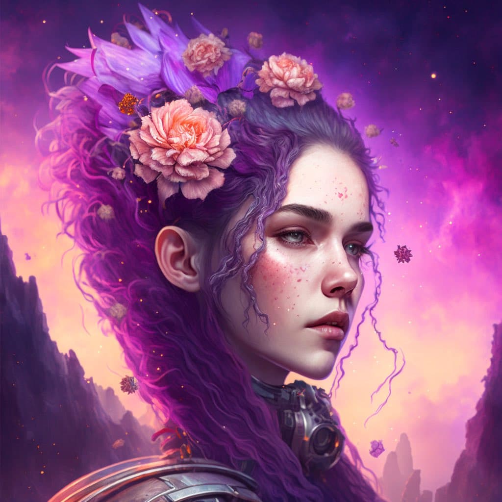 A digital fantasy portrait of a young woman with long, curly purple hair adorned with large pink flowers and a purple flower crown. She wears metallic, futuristic armor and headphones against a vibrant, cosmic background of pink and purple nebulae and rocky formations.