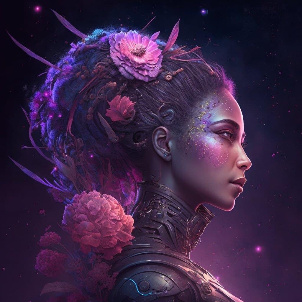 A digital art portrait of a woman in profile, featuring a futuristic, cyberpunk aesthetic with mechanical elements integrated into her hair and neck. Her hair is adorned with large pink flowers and glowing particles, set against a dark, starry background.