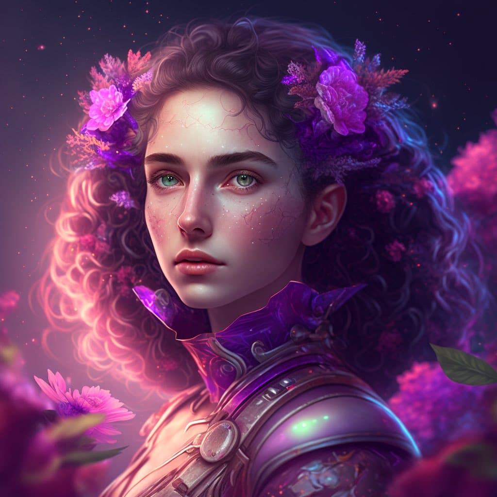 A digital fantasy portrait of a young woman with curly hair adorned with purple flowers, wearing ornate armor with a high collar. The image features a vibrant color palette of purples and pinks against a dark, starry background. There is no legible text in the image.