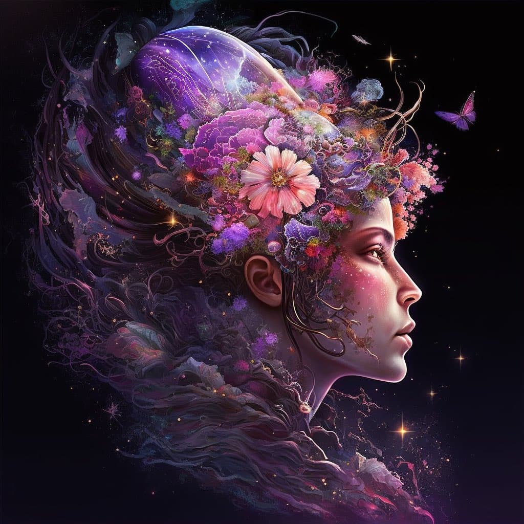 A surreal digital illustration depicting a woman in profile, whose flowing hair is composed of vibrant purple and pink flowers, cosmic nebulae, and swirling smoke against a dark, starry background. A butterfly and sparkling stars float around her head, which is adorned with a large, galaxy-like orb.