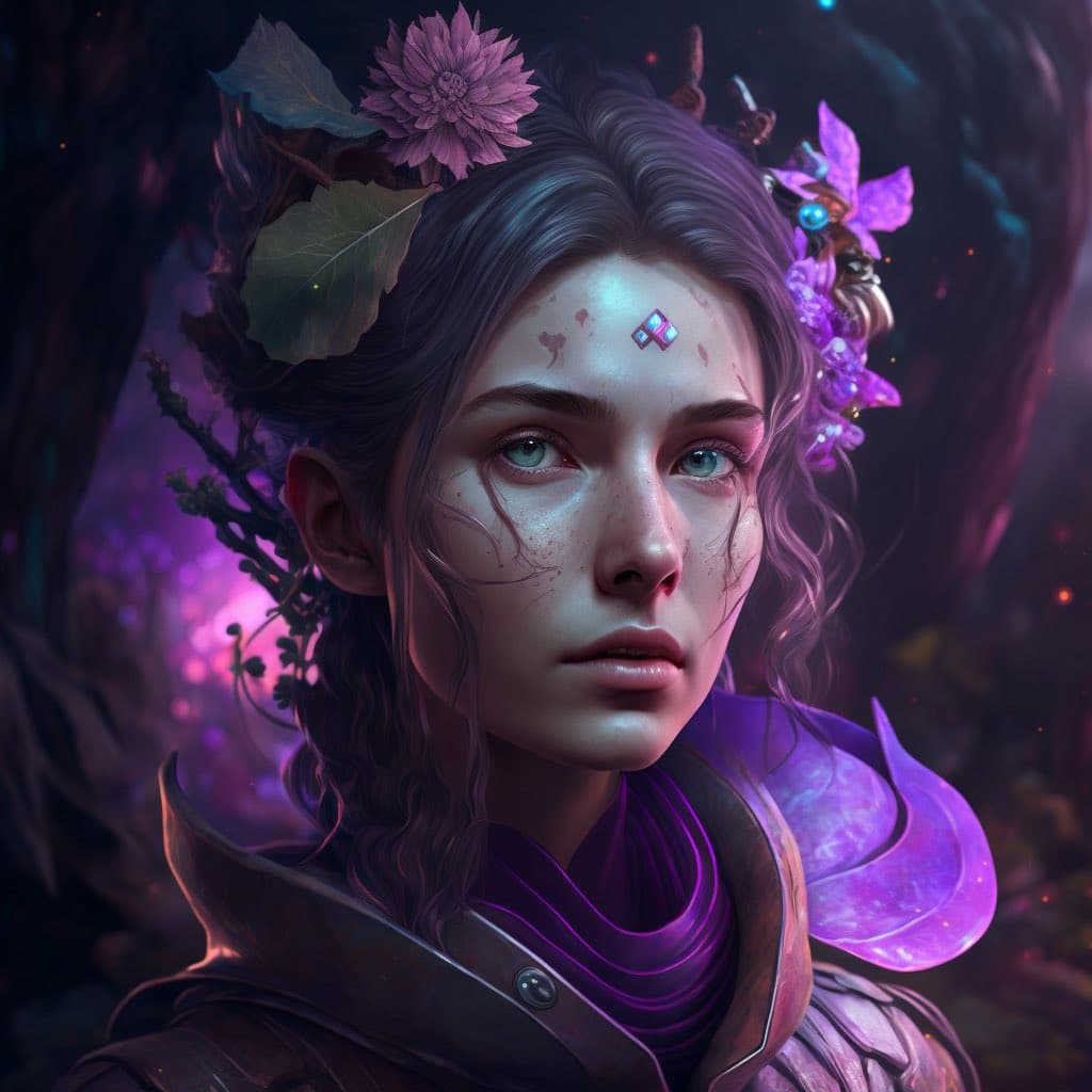 A digital fantasy portrait of a young woman with dark hair, wearing a crown of purple flowers and leaves, and ornate purple armor. She has a small, glowing diamond-shaped gem on her forehead and is set against a dark, magical background with purple lighting.