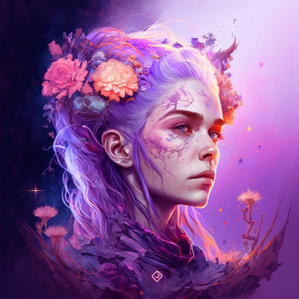 A digital fantasy portrait of a person with light purple hair adorned with large pink and orange flowers, set against a vibrant purple and pink background. The artwork features ethereal, painterly details including floral elements integrated into the hair and clothing.