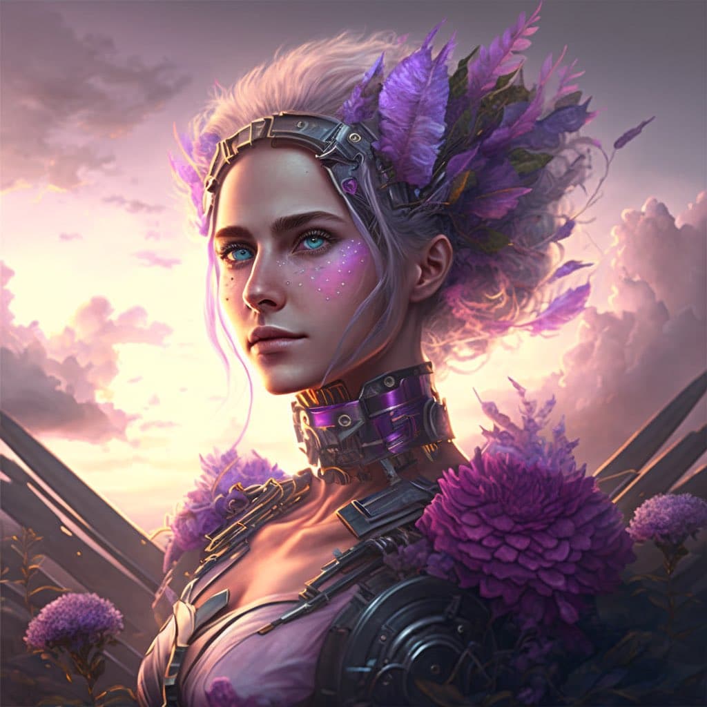 A digital fantasy portrait of a person with pale skin, blue eyes, and white hair, wearing a metallic headband and collar adorned with purple feathers and flowers. The figure is set against a backdrop of a cloudy, pink-hued sky and large purple blooms.