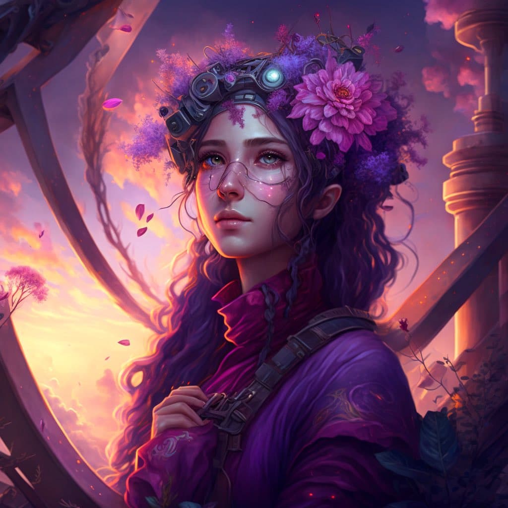 A digital fantasy illustration of a young woman with long, wavy purple hair, wearing a mechanical headpiece with glowing lights and a large pink flower. She is dressed in a purple outfit with a harness, set against a vibrant, sunset-lit background with architectural elements and floating petals.