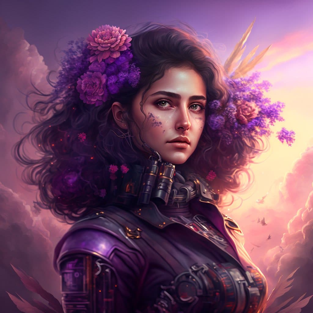 A digital fantasy portrait of a young woman with dark, curly hair adorned with large purple and pink flowers, wearing futuristic, mechanical armor against a soft, cloudy sky background.