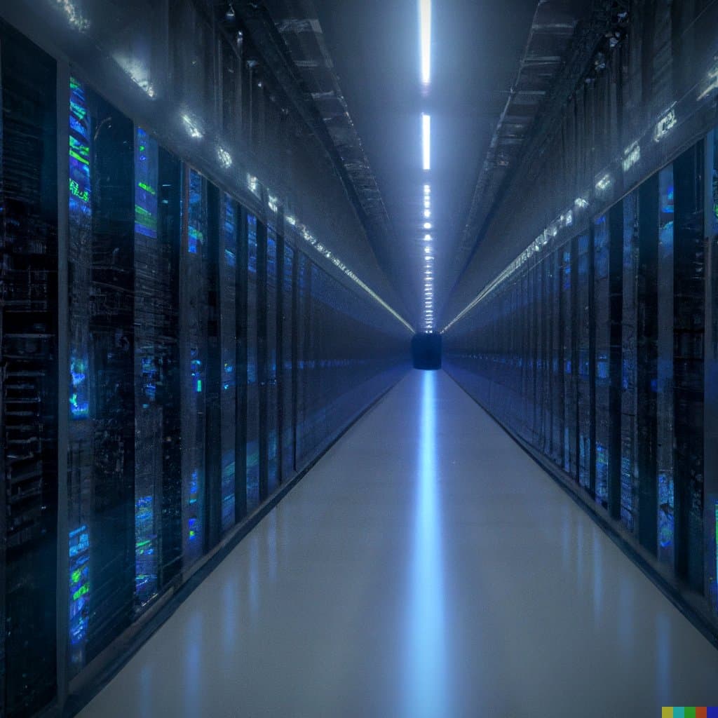A symmetrical, one-point perspective view down a long aisle in a data center, flanked by rows of server racks with glowing blue and green indicator lights. A bright, vertical strip of light runs down the center of the ceiling and reflects on the polished floor, leading to a dark vanishing point in the distance.