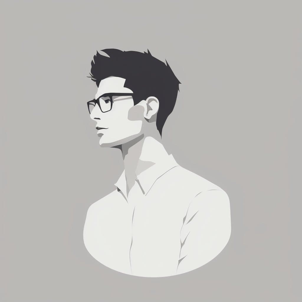 A minimalist, flat-style digital illustration of a person with short dark hair and glasses, shown in profile against a solid gray background. The figure is wearing a white collared shirt.