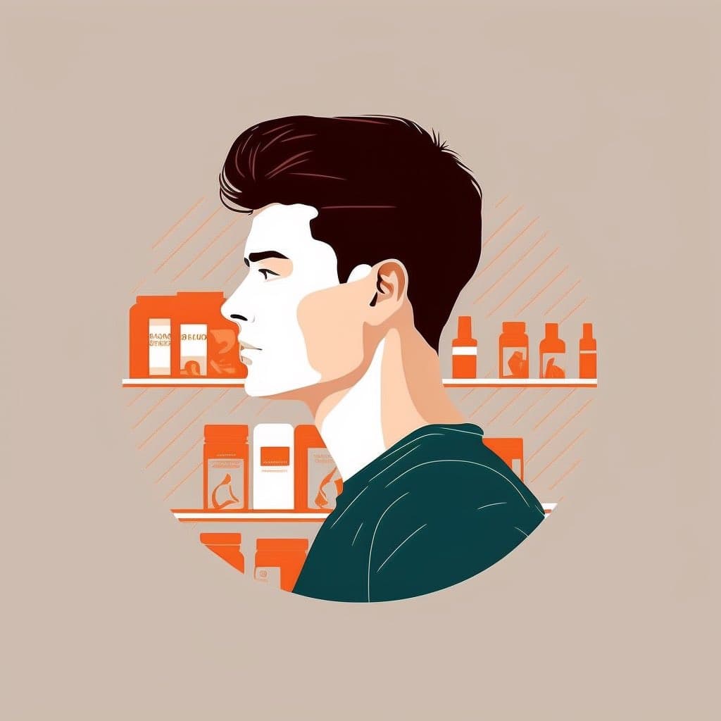 A stylized digital illustration of a man in profile facing left, set against a background of orange supplement bottles on shelves. The image is designed as a circular profile picture.