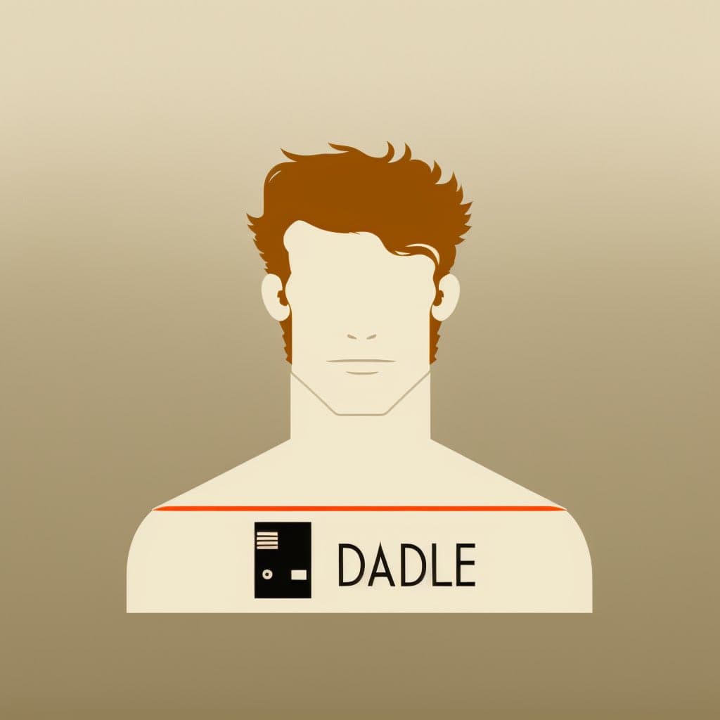 A minimalist, flat-style vector illustration of a faceless man with reddish-brown hair against a beige gradient background. He is wearing a white t-shirt featuring a black logo resembling a floppy disk and the text "DADLE".