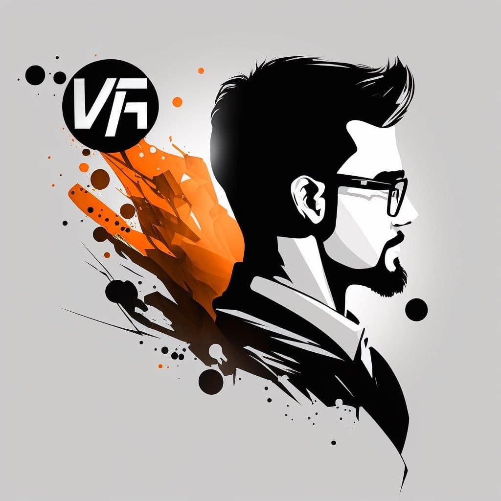 A stylized, high-contrast digital illustration of a bearded man with glasses in profile, featuring a black and white color scheme with orange and brown paint splatter accents. A circular logo containing the letters 'VF' is visible in the upper left corner.