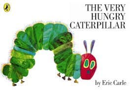 A promotional image or book cover featuring a colorful, segmented green caterpillar with a red head and antennae, set against a white background. The title 'THE VERY HUNGRY CATERPILLAR' is displayed in large black serif text in the upper right corner, with the author credit 'by Eric Carle' below it. A small yellow logo is visible in the top left corner.