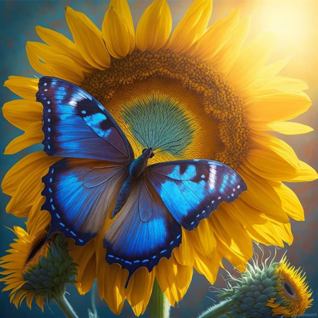 A digital painting of a large blue butterfly with dark, patterned wings resting on a bright yellow sunflower. The image features a close-up view of the flower's center and petals, with two smaller, unopened sunflower buds visible in the lower corners against a soft, blurred background.
