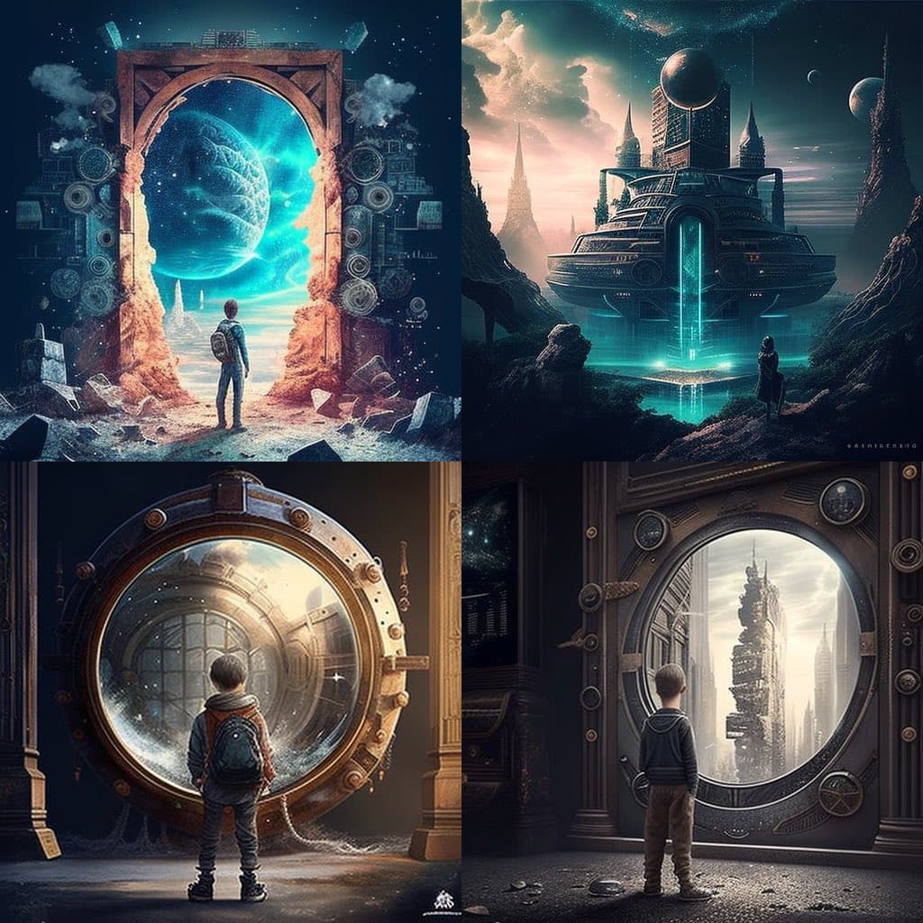A four-panel grid of AI-generated fantasy illustrations, each showing a small figure with a backpack gazing through a large portal or window into a different sci-fi landscape. The scenes feature futuristic cities, floating structures, and cosmic vistas in a consistent digital art style. A small watermark is visible in the bottom right corner of the top-right panel.
