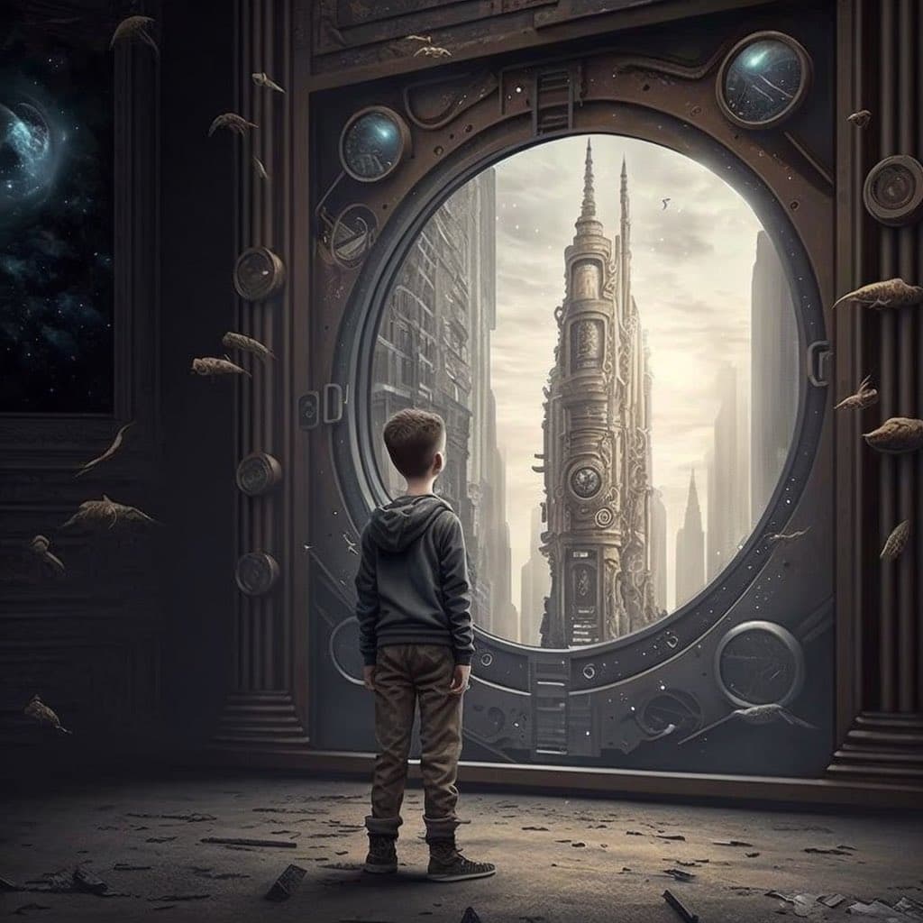 A digital illustration showing a young boy in a hoodie standing in a dark, debris-strewn room, looking out of a large circular porthole window at a futuristic, steampunk-style city with tall spires. The scene has a sci-fi aesthetic with floating debris and a starry sky visible to the left.