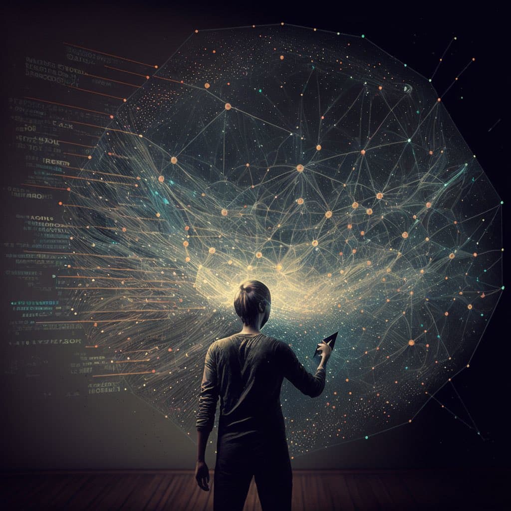 A digital illustration of a person standing with their back to the viewer, holding a tablet and facing a large, glowing, spherical network of interconnected nodes and lines. The background features a dark wall with faint, illegible lines of text and data visualizations on the left side.