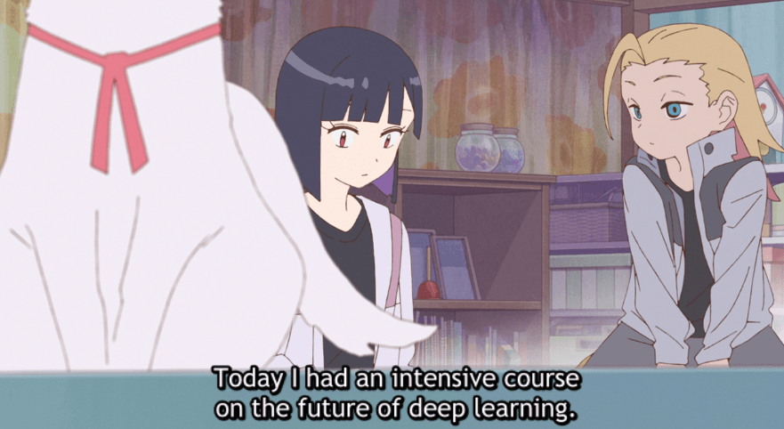 A screenshot of an anime scene featuring three characters in a room with bookshelves, with English subtitles at the bottom.