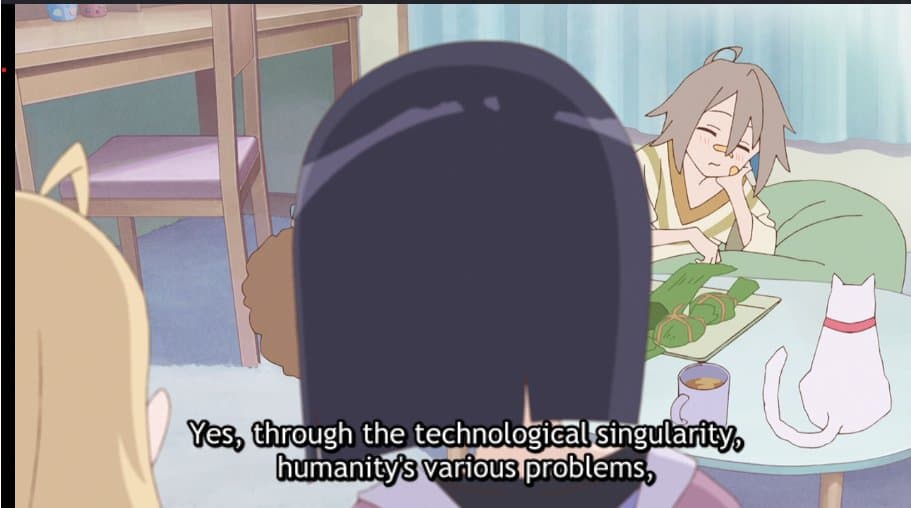 A screenshot of an anime scene showing several characters sitting around a table in a room. One character with short brown hair is resting their head on the table, while another character with dark hair is seen from behind in the foreground. A white cat sits on the table next to a plate of food and a mug. Subtitles at the bottom read: "Yes, through the technological singularity, humanity's various problems,".