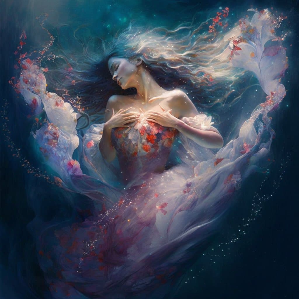 A digital fantasy illustration of a woman with flowing hair and a floral dress, floating in a dark, ethereal space surrounded by petals and light. The image has a dreamlike, painterly style with soft, glowing colors.