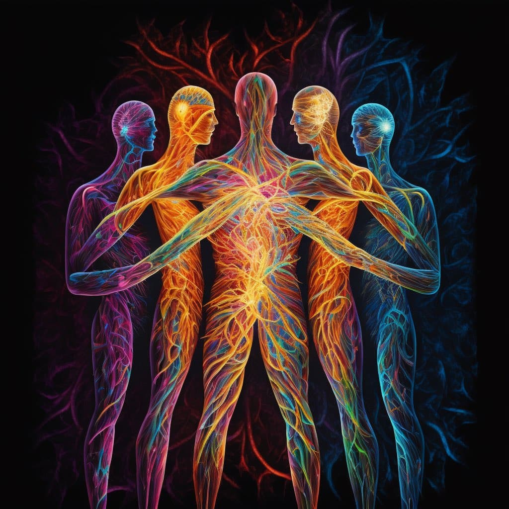 A digital artwork depicting five translucent, glowing human figures standing in a row against a dark background. The figures are rendered in vibrant, multicolored wireframe patterns resembling neural networks or energy flows, with the central figure facing forward and the others in profile or turned away.