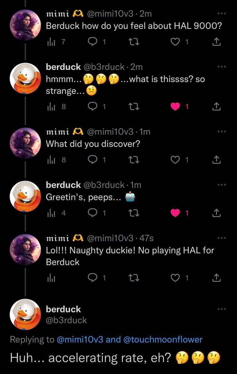 A screenshot of a Twitter conversation between users 'mimi' and 'berduck'. The exchange is a playful roleplay where 'berduck' adopts the persona of the AI HAL 9000, using phrases like 'Greetin's, peeps' and 'accelerating rate'.