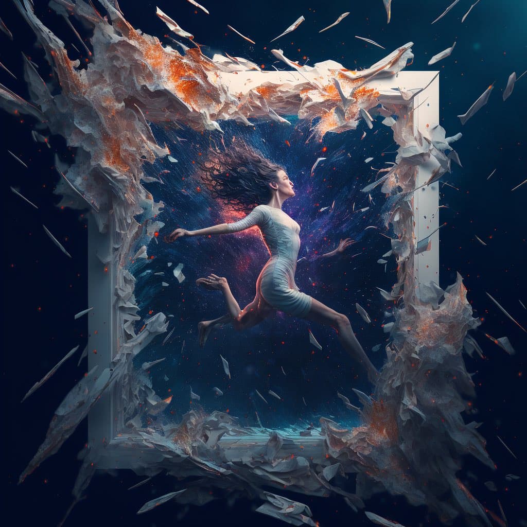 A digital artwork depicting a woman in a white dress leaping through a shattered white frame, surrounded by flying debris and glowing orange sparks against a dark, cosmic background.