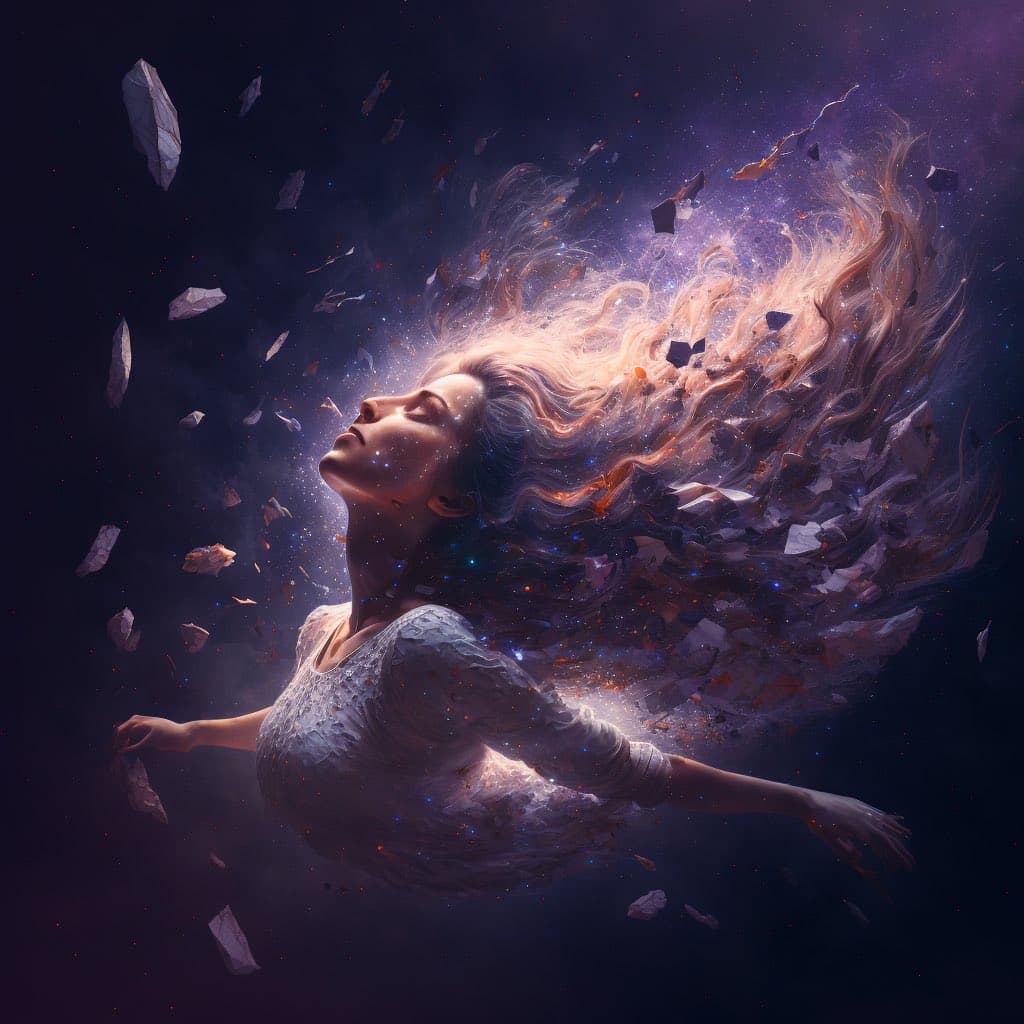 A digital artwork depicting a woman with her eyes closed and arms outstretched, floating in a dark, cosmic space. Her long hair flows outward, dissolving into a cloud of glowing particles, stars, and floating rock fragments.