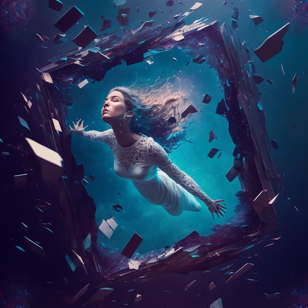 A digital artwork depicting a woman in a white dress floating through a shattered, three-dimensional portal against a cosmic, blue background. The scene is filled with floating shards and debris, creating a surreal and ethereal atmosphere.