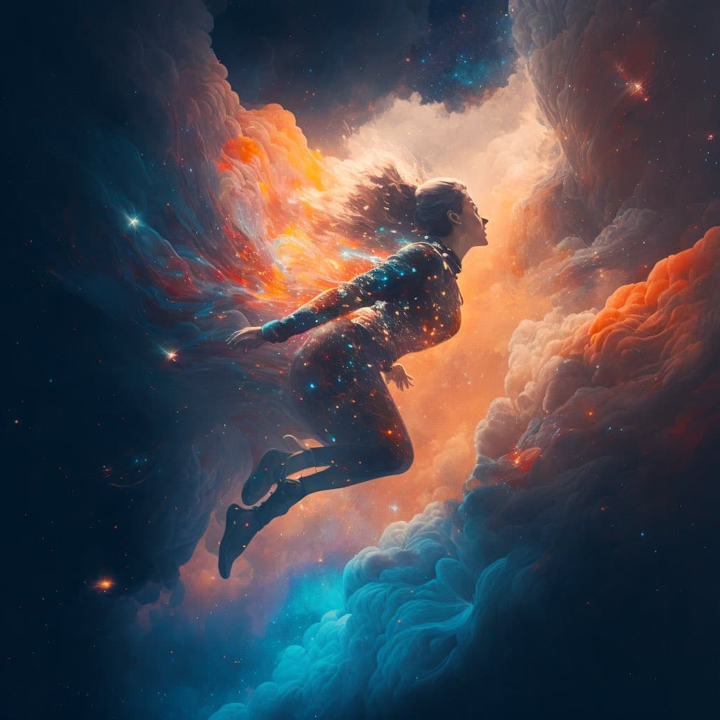 A digital illustration depicting a person in a dark, star-speckled outfit floating through a vibrant, cosmic nebula. The figure is surrounded by swirling clouds of orange, blue, and white gas, with their hair and clothing appearing to dissolve into the surrounding space.