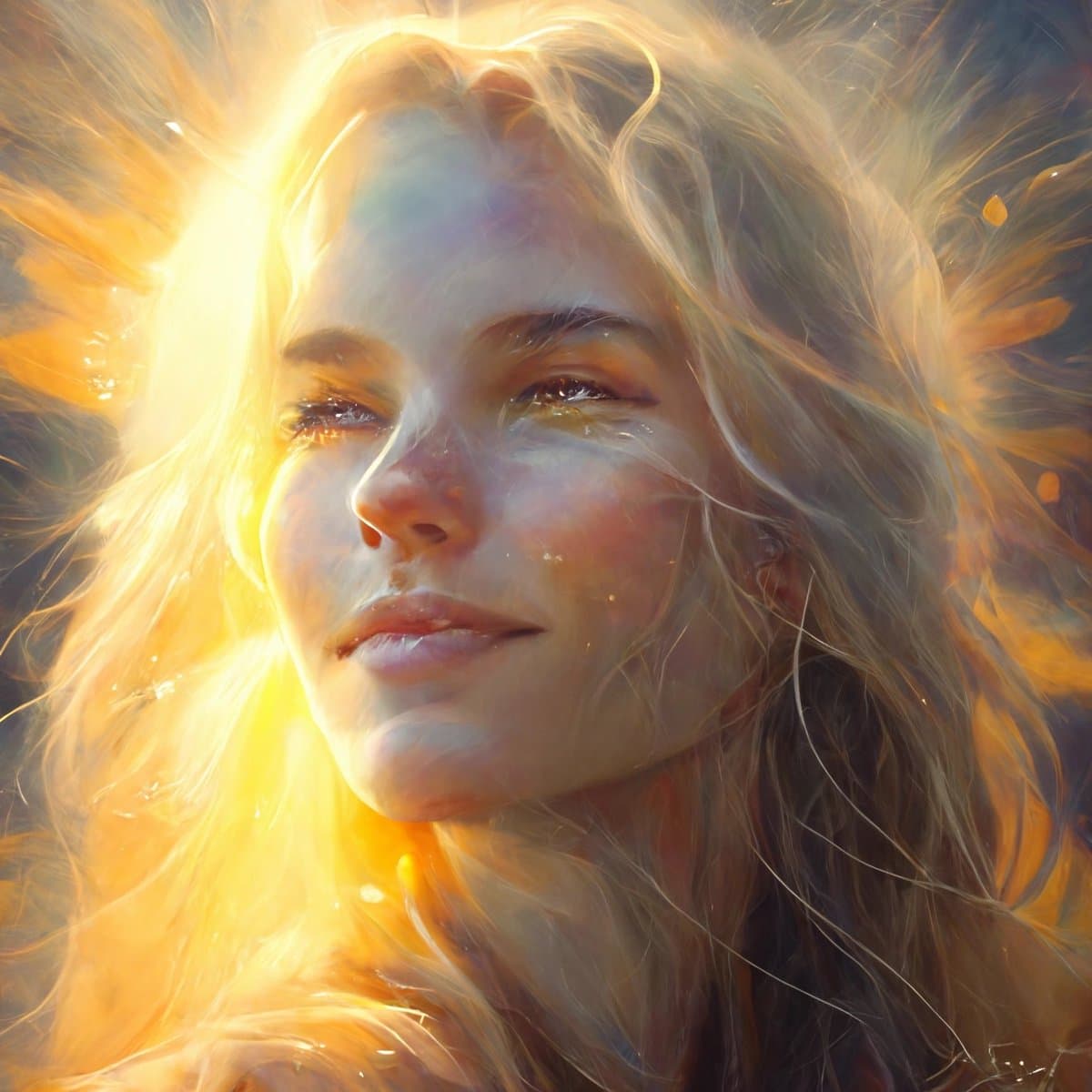 A digital painting of a person with long, light-colored hair illuminated by bright, golden light from the left side. The image has a soft, ethereal quality with warm tones and glowing highlights.