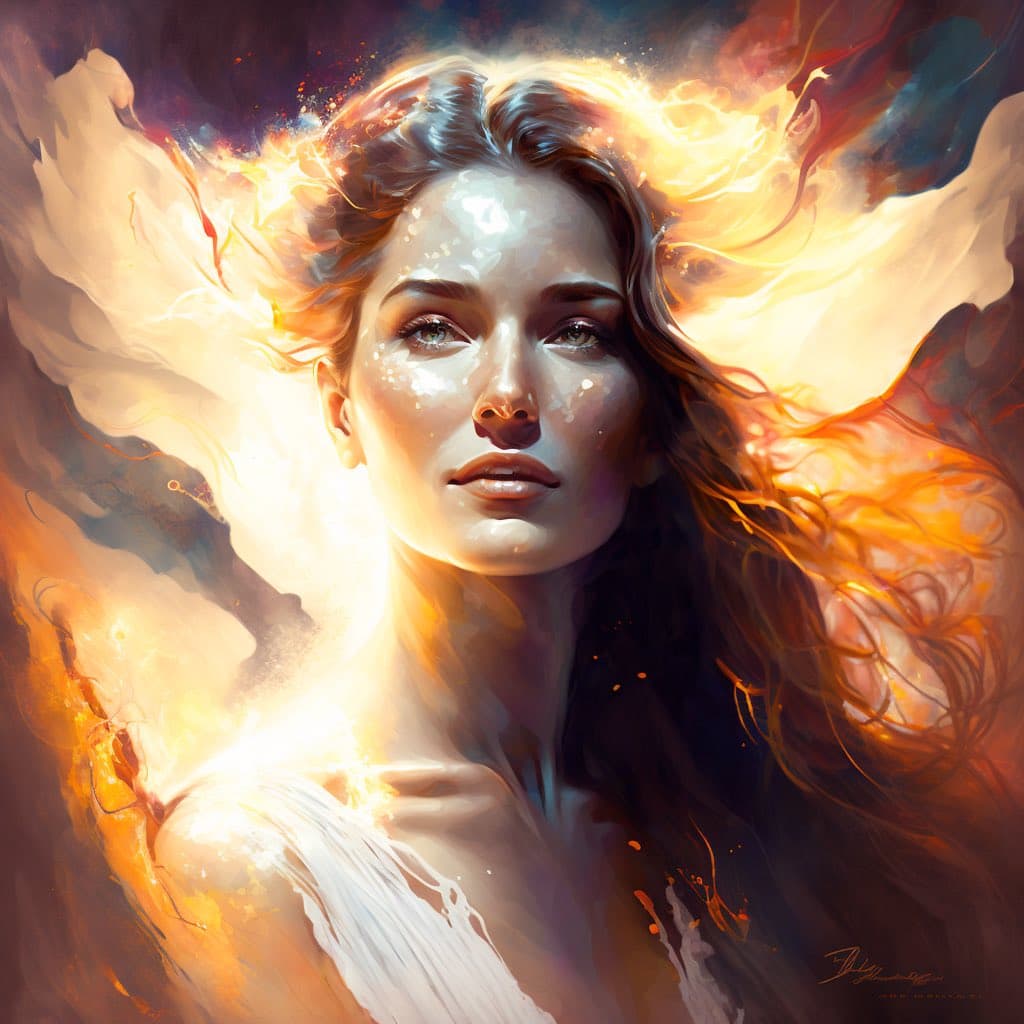 A digital painting of a woman with long, flowing hair surrounded by fiery, glowing light and smoke. The artwork features warm tones of orange, yellow, and red, with a soft, ethereal quality.