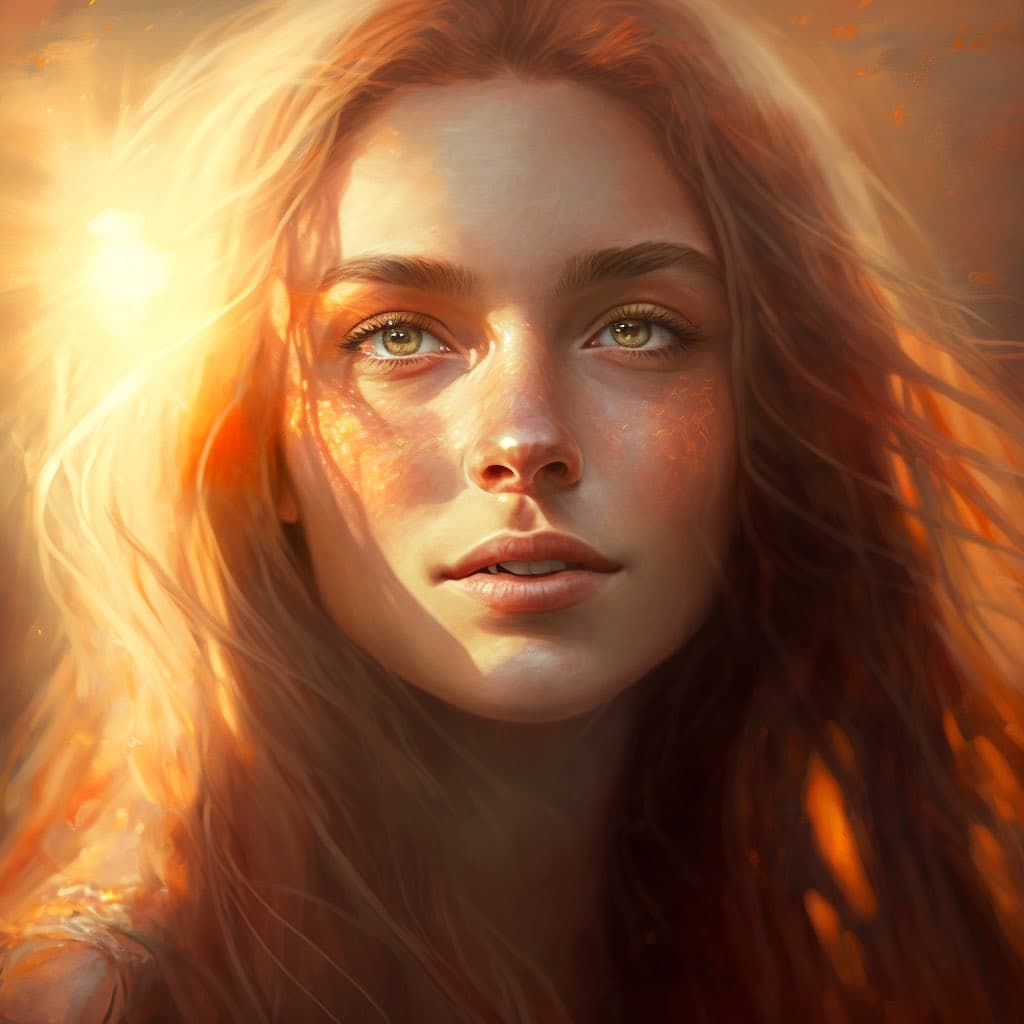 A digital painting of a young woman with long, flowing reddish-brown hair, illuminated by warm, golden light from the left. Her face is shown in a close-up, three-quarter view, with soft, painterly brushstrokes and a serene expression. The background is a soft, glowing orange and yellow haze.
