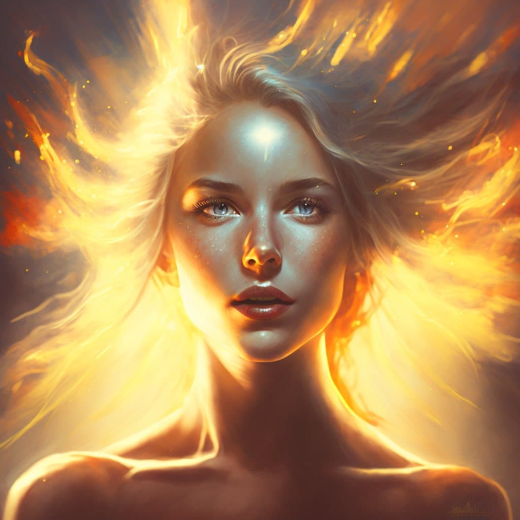 A digital artwork depicting a woman with glowing, fiery hair and a radiant light on her forehead, set against a warm, golden background. The image features a stylized, ethereal aesthetic with intense lighting effects.