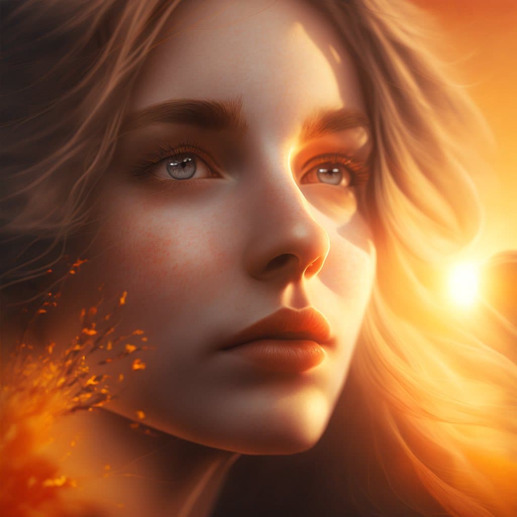 A close-up digital illustration of a person's face bathed in warm, golden light, with glowing embers or sparks visible in the lower left corner. The image features soft, flowing hair and a serene expression, rendered in a realistic yet stylized artistic style.