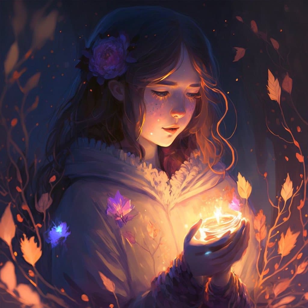 A digital fantasy illustration depicting a young woman with long brown hair and a flower in her hair, holding a glowing, magical light in her cupped hands. She is surrounded by dark, autumnal foliage and glowing particles in a dimly lit, atmospheric setting.