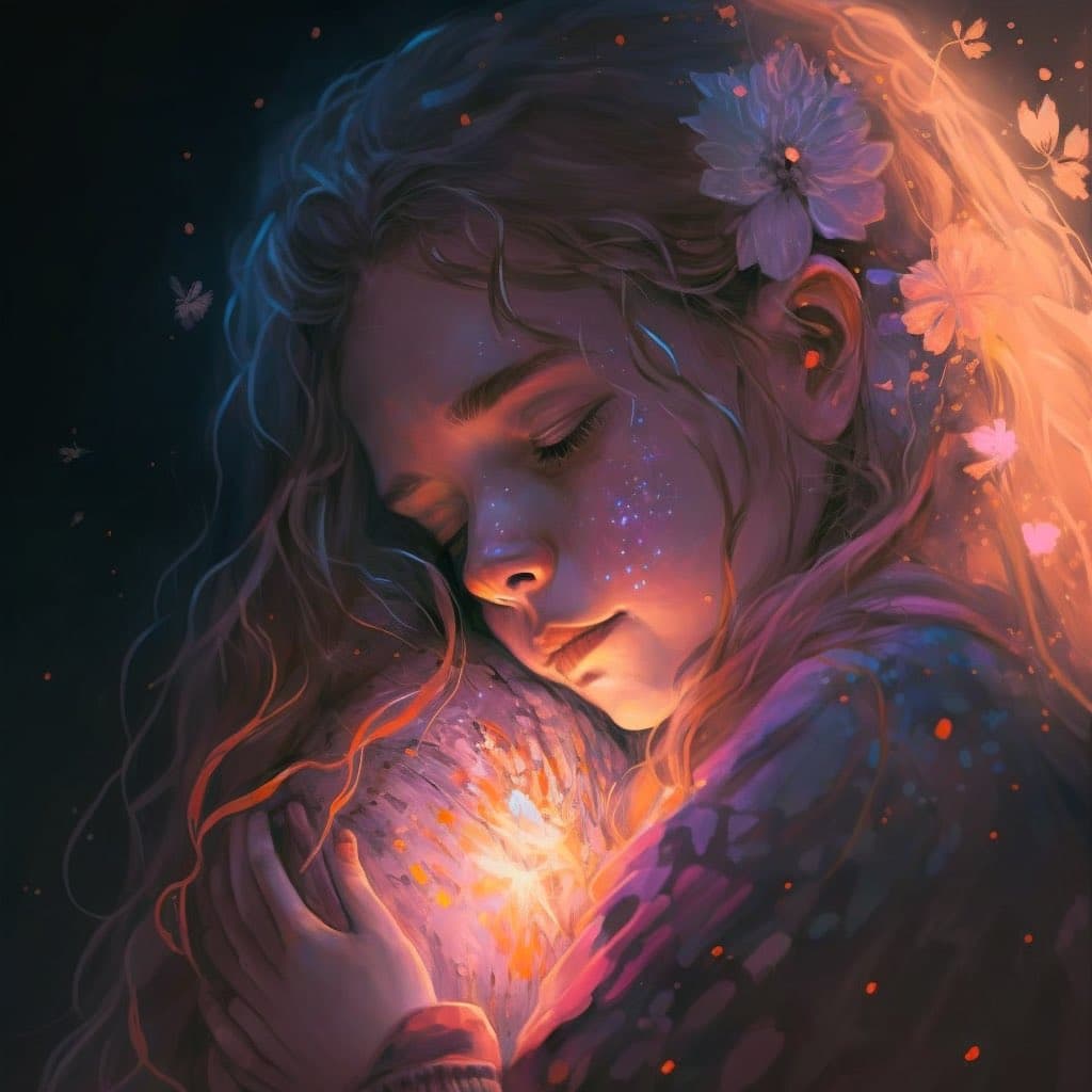A digital painting of a young girl with long, wavy hair resting her head on her arms, eyes closed in a peaceful expression. She is holding a glowing, star-filled orb against her chest, surrounded by floating petals and warm, ethereal light.