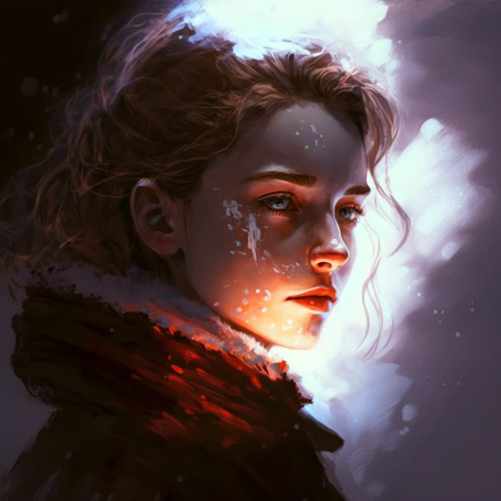 A digital painting of a young woman with curly hair, shown in profile against a dark, snowy background. She wears a thick, fur-collared coat, and snowflakes are visible on her face and hair, illuminated by a bright, warm light source from the right.