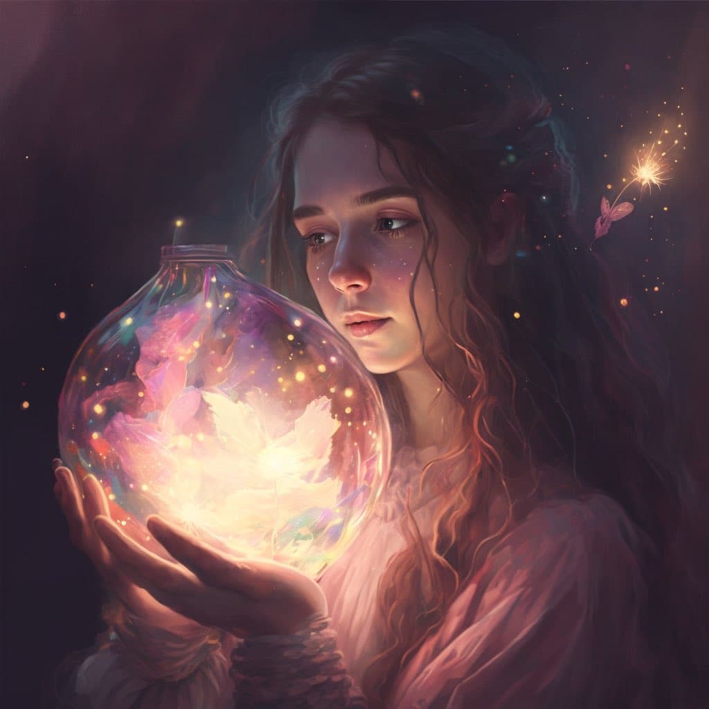 A digital painting of a young woman with long, wavy hair holding a glowing glass jar filled with colorful, luminous flowers and sparkles. She gazes at the jar with a gentle expression, while a small butterfly and floating light particles surround her in a dark, magical setting.