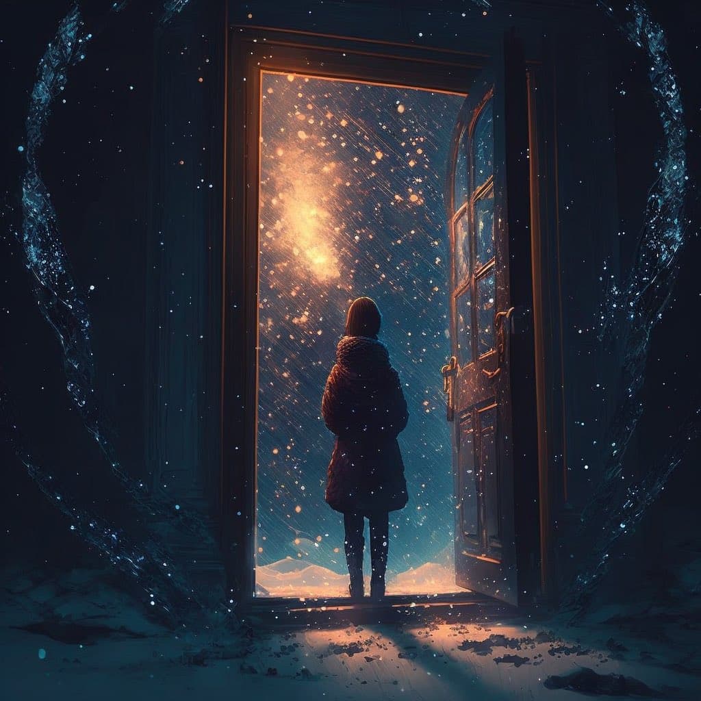 A digital illustration depicts a person in a winter coat standing in an open doorway, looking out at a snowy landscape illuminated by a bright, warm light in the sky. The scene is framed by dark, textured walls and scattered snowflakes, creating a magical and atmospheric mood.
