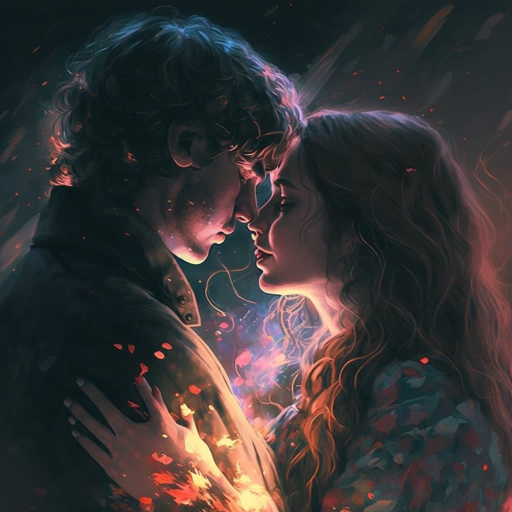 A digital painting depicting a man and a woman in a close, intimate profile pose, facing each other with their foreheads nearly touching. The scene is illuminated by warm, glowing light and scattered red petals, creating a romantic and dramatic atmosphere.